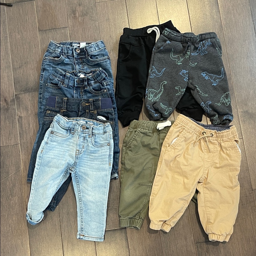 12mth Assorted (8) Kids Bottoms - Light Blue, Dark Blue, Black, Gray, Olive